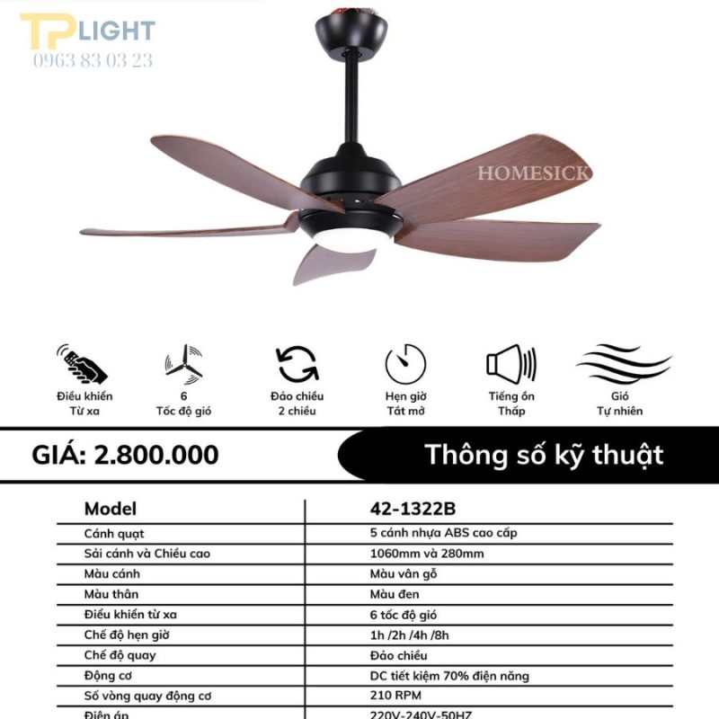 Quạt trần đèn sải cánh ngắn QT-1322B