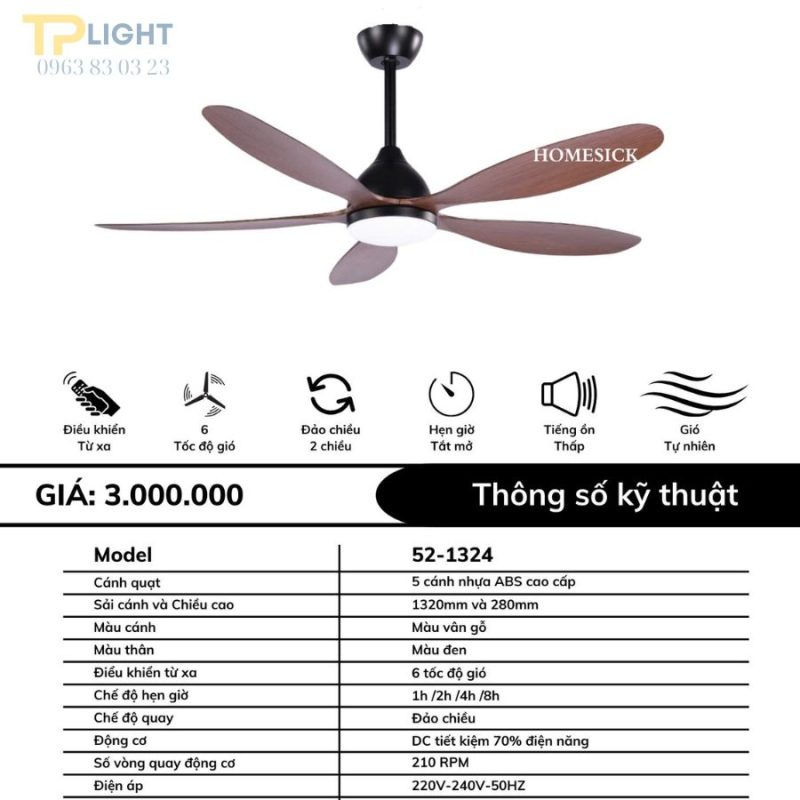 Quạt trần đèn 5 cánh QT-1324B