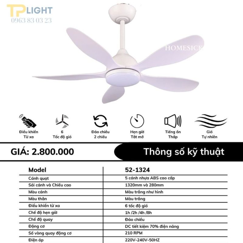 Quạt trần 5 cánh QT-1324W