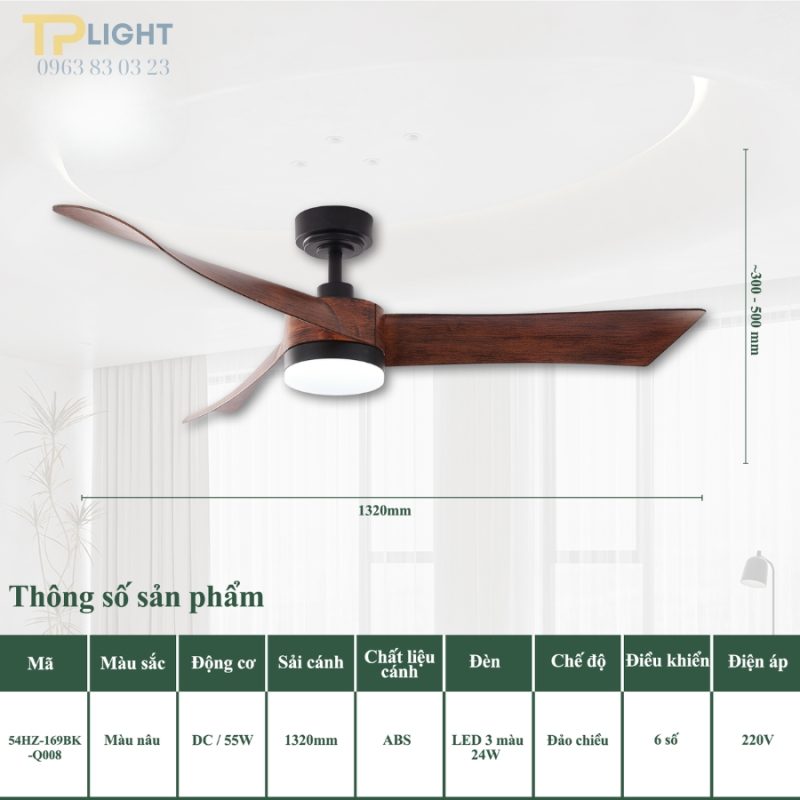 Quạt trần đèn 3 cánh QT-Q008